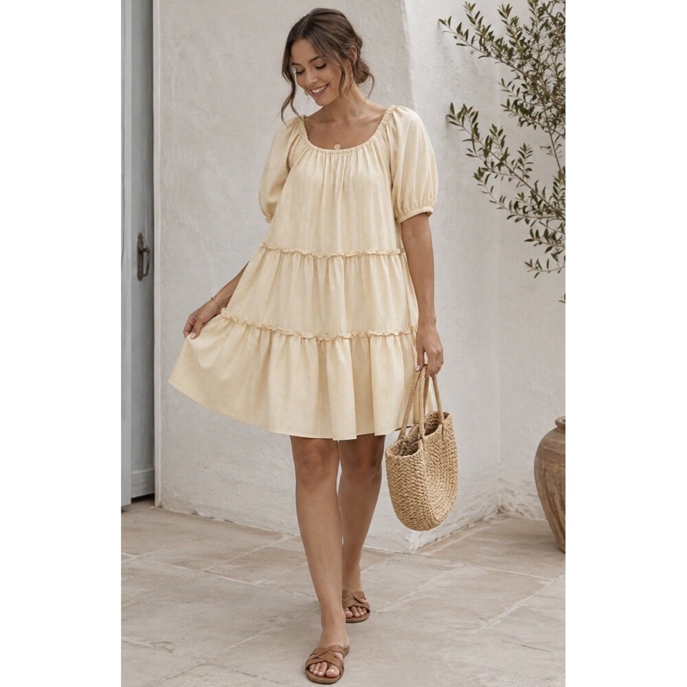 Antonio Melani  Taylynn Off Shoulder Tiered Mini Dress Yellow Size M Boho Style